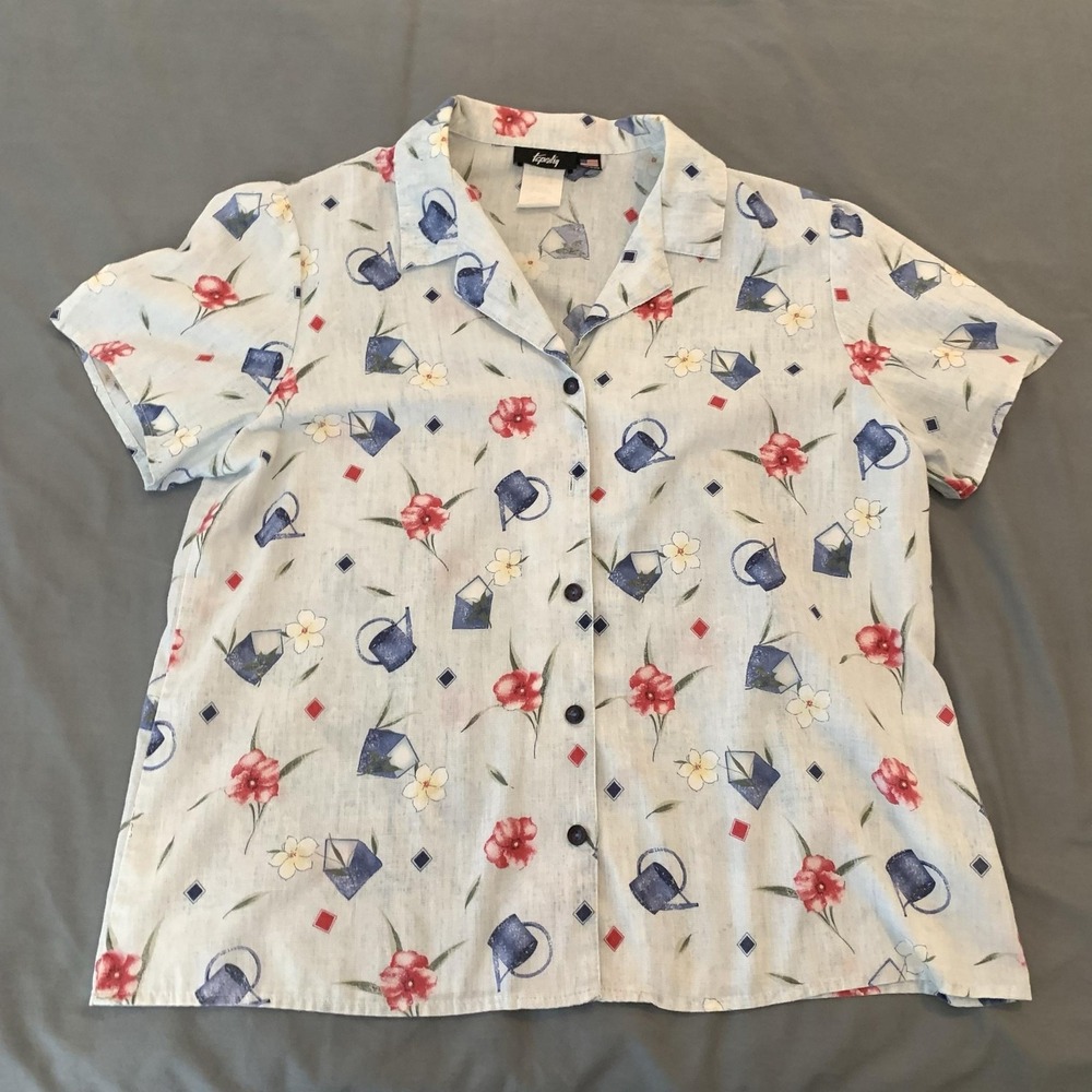 Tapestry Shirt Womens Large Floral Watering Can Garden Button Front Short Sleeve